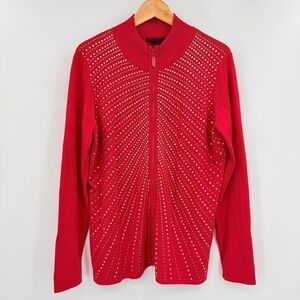 Fontana Womens Cardigan Sweater Large Red Silver Rhinestone Zipper Accents XL